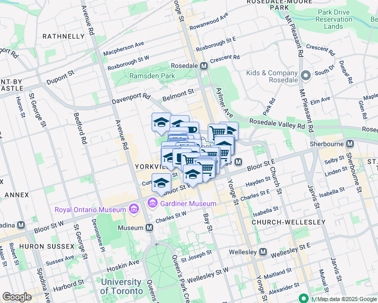 map of restaurants, bars, coffee shops, grocery stores, and more near 1678 Bay Street in Toronto