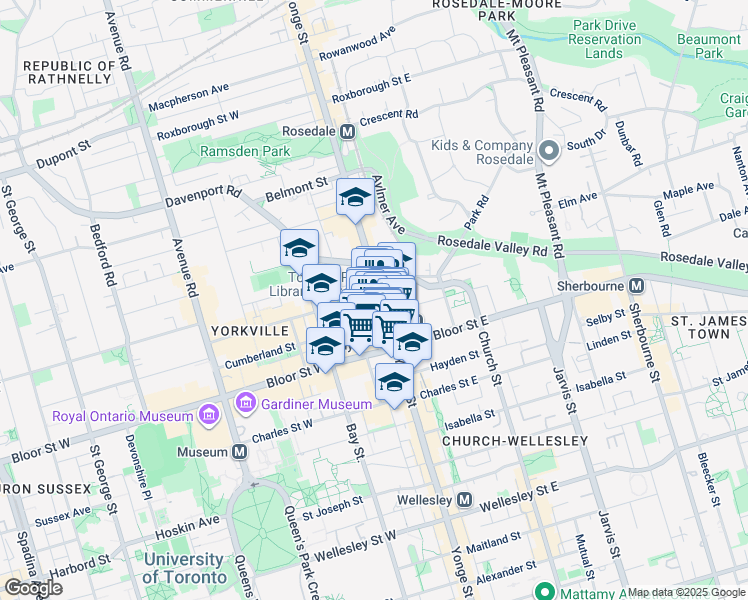 map of restaurants, bars, coffee shops, grocery stores, and more near 1 Yorkville Avenue in Toronto