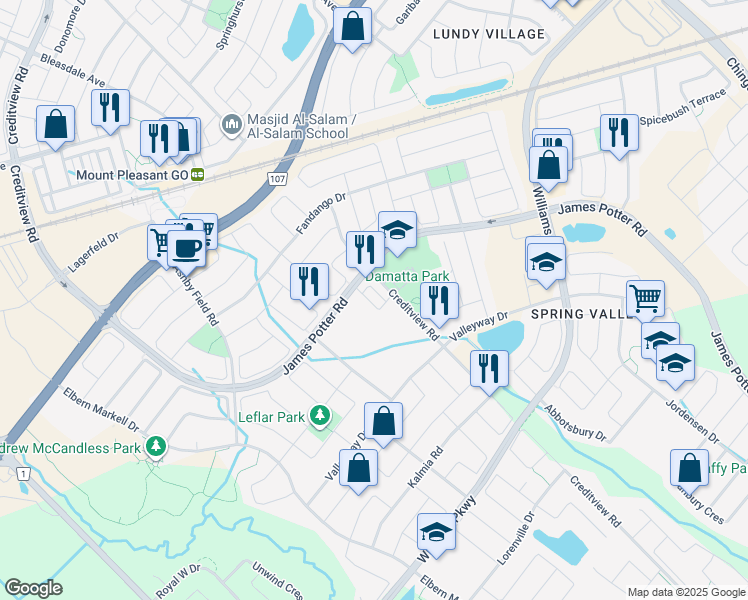 map of restaurants, bars, coffee shops, grocery stores, and more near 9778 Creditview Road in Brampton