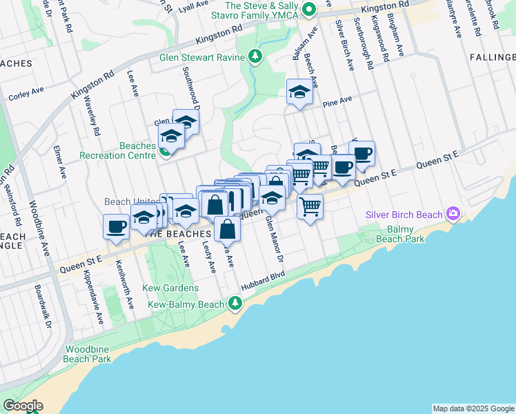 map of restaurants, bars, coffee shops, grocery stores, and more near 120 Glen Manor Drive in Toronto