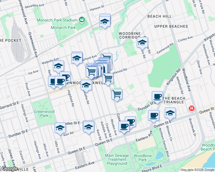 map of restaurants, bars, coffee shops, grocery stores, and more near 214 Coxwell Avenue in Toronto
