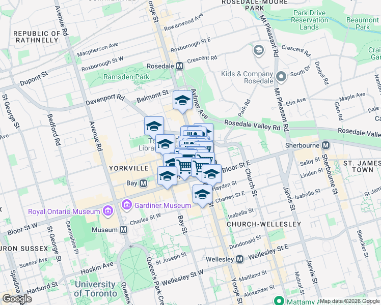map of restaurants, bars, coffee shops, grocery stores, and more near 1 Yorkville Avenue in Toronto