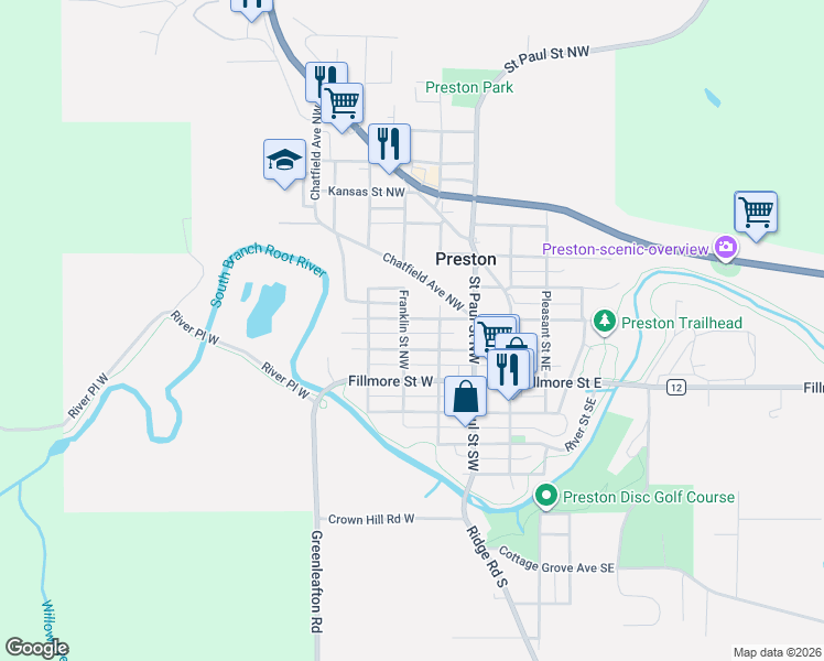 map of restaurants, bars, coffee shops, grocery stores, and more near 408 Preston Street Northwest in Preston
