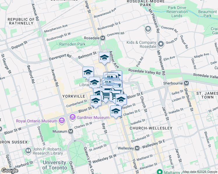 map of restaurants, bars, coffee shops, grocery stores, and more near 1 Yorkville Avenue in Toronto