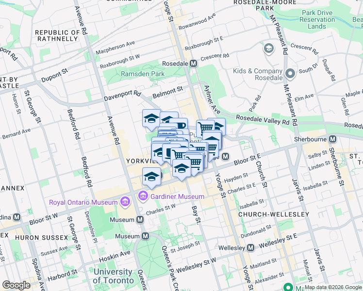 map of restaurants, bars, coffee shops, grocery stores, and more near 60 Yorkville Avenue in Toronto