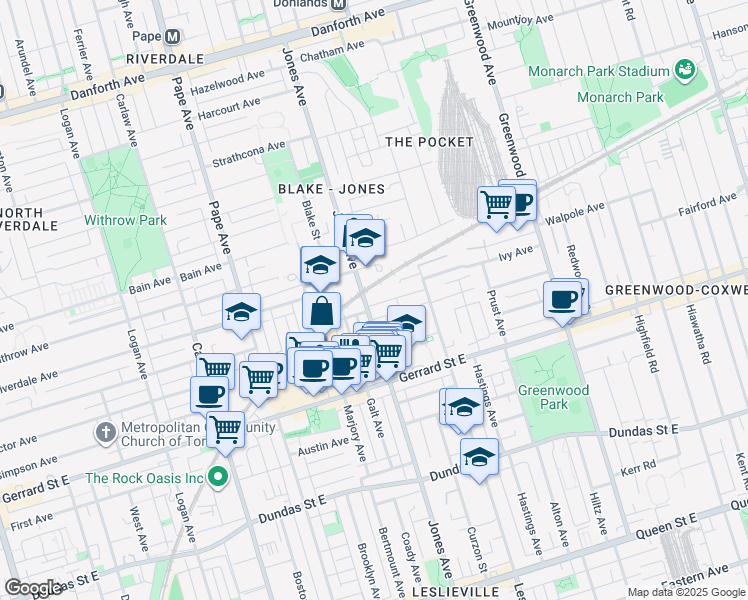 map of restaurants, bars, coffee shops, grocery stores, and more near 4 Myrtle Avenue in Toronto