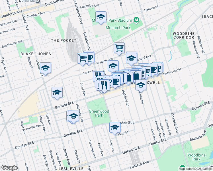 map of restaurants, bars, coffee shops, grocery stores, and more near 10 Redwood Avenue in Toronto
