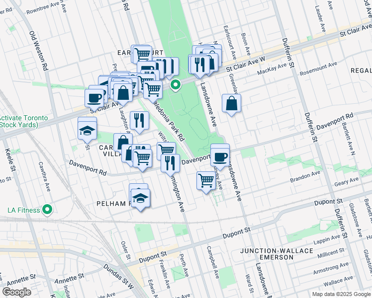 map of restaurants, bars, coffee shops, grocery stores, and more near 20 Caledonia Park Road in Toronto