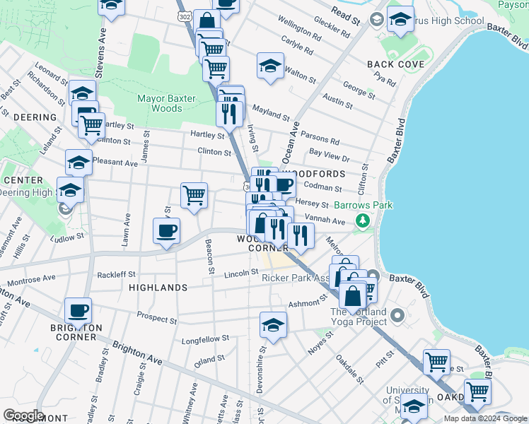 map of restaurants, bars, coffee shops, grocery stores, and more near 1050 Ocean Avenue in Portland