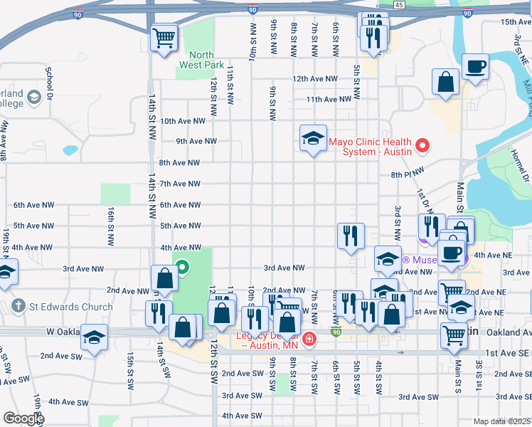 map of restaurants, bars, coffee shops, grocery stores, and more near 1004 6th Avenue Northwest in Austin