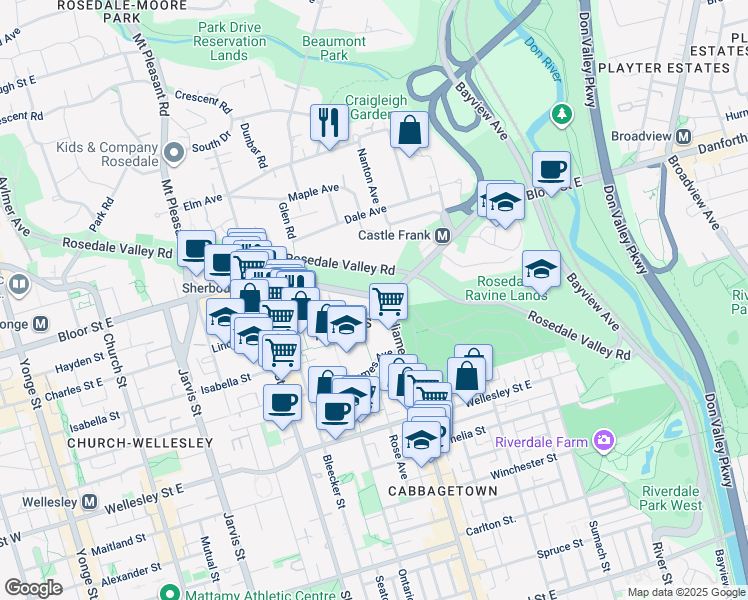 map of restaurants, bars, coffee shops, grocery stores, and more near 585 Bloor Street East in Toronto