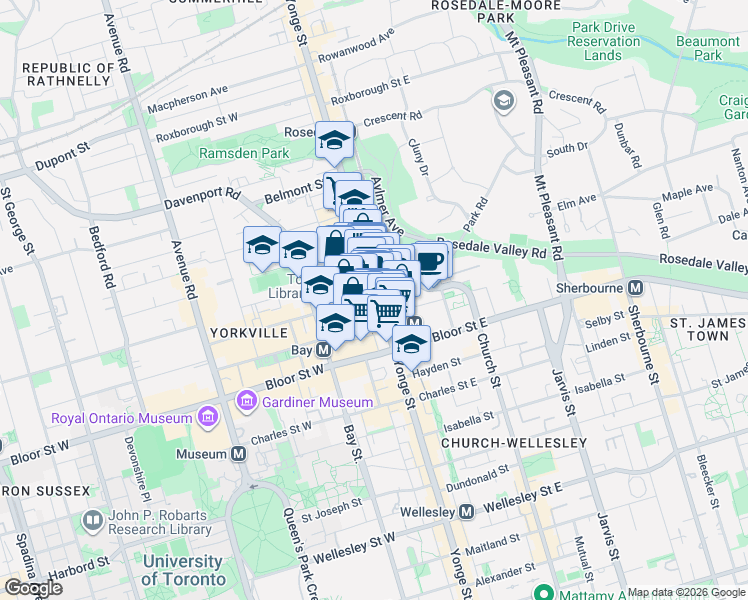 map of restaurants, bars, coffee shops, grocery stores, and more near 1 Yorkville Avenue in Toronto