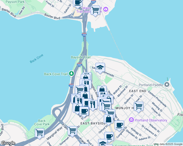map of restaurants, bars, coffee shops, grocery stores, and more near 170 North Street in Portland