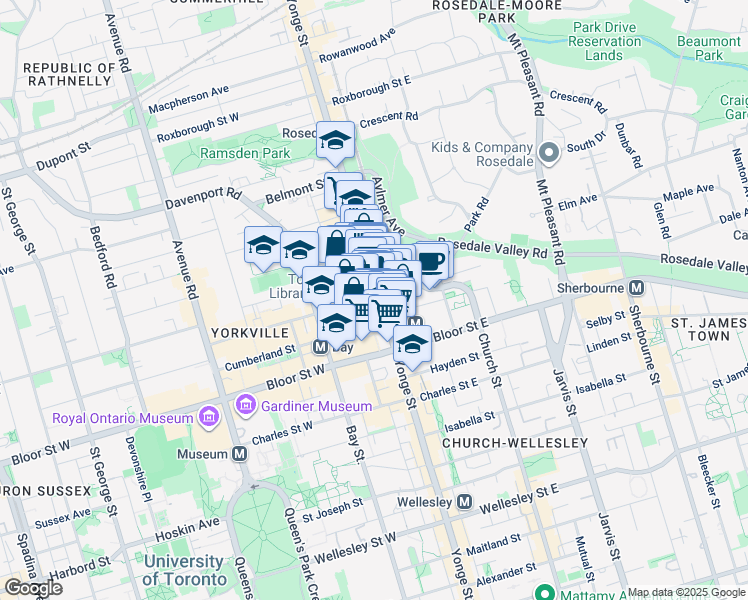 map of restaurants, bars, coffee shops, grocery stores, and more near 1A Yorkville Avenue in Toronto