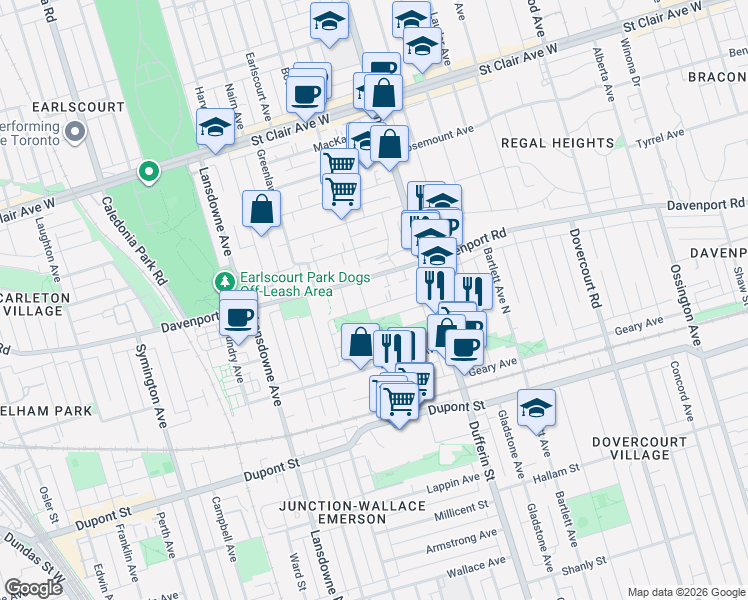map of restaurants, bars, coffee shops, grocery stores, and more near 64 Beaver Avenue in Toronto