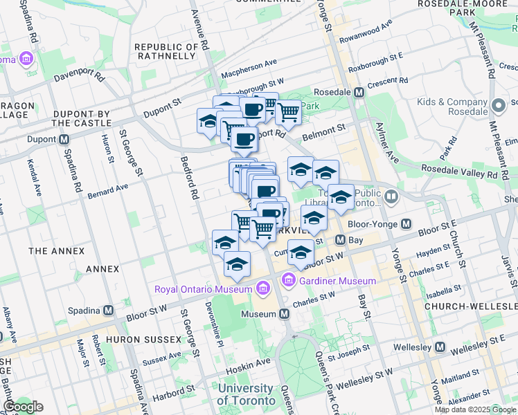 map of restaurants, bars, coffee shops, grocery stores, and more near 55 Avenue Road in Toronto