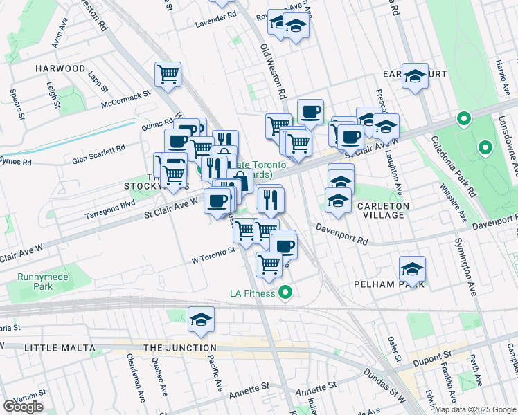 map of restaurants, bars, coffee shops, grocery stores, and more near in Toronto