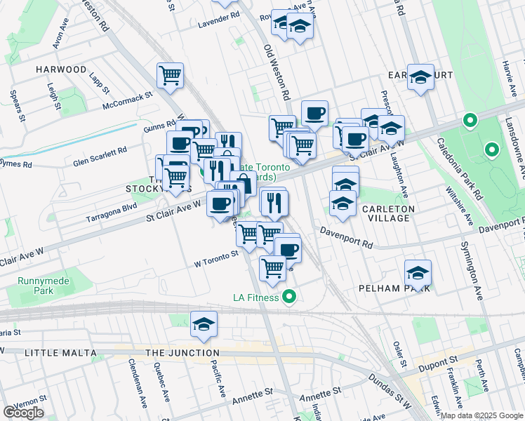 map of restaurants, bars, coffee shops, grocery stores, and more near 1885 Saint Clair Avenue West in Toronto