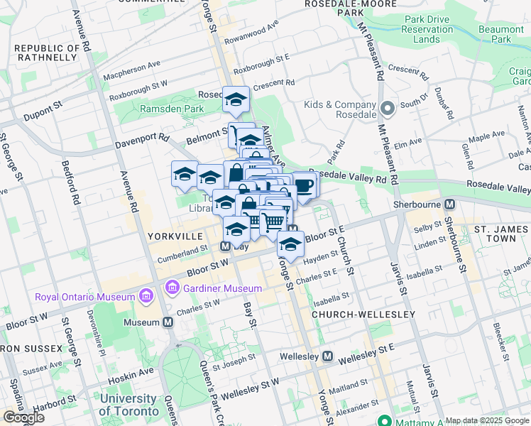 map of restaurants, bars, coffee shops, grocery stores, and more near 30 Yorkville Avenue in Toronto