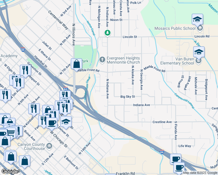 map of restaurants, bars, coffee shops, grocery stores, and more near 304 North Indiana Avenue in Caldwell
