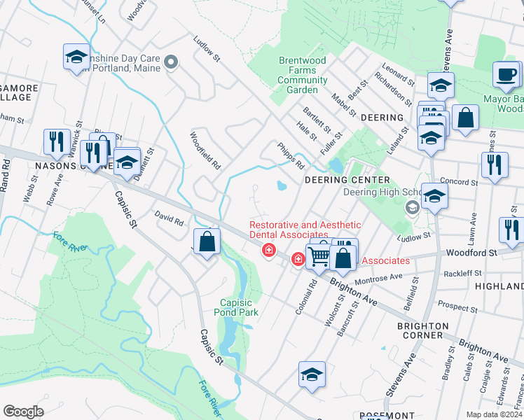 map of restaurants, bars, coffee shops, grocery stores, and more near 39 Glenridge Drive in Portland