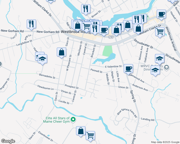 map of restaurants, bars, coffee shops, grocery stores, and more near 121 Brackett Street in Westbrook