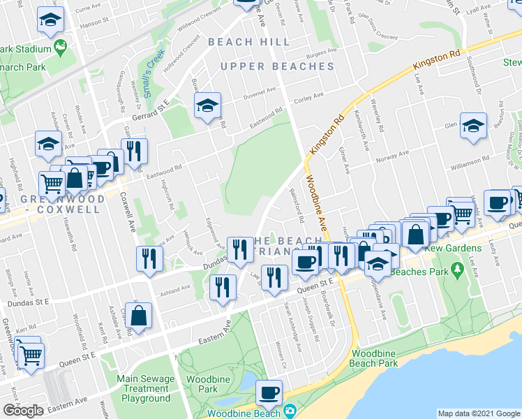 map of restaurants, bars, coffee shops, grocery stores, and more near 196 Kingston Road in Toronto
