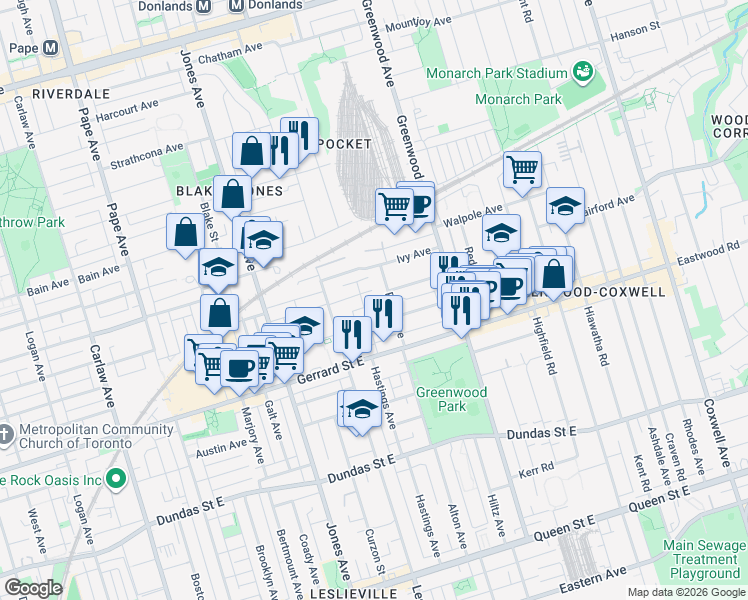 map of restaurants, bars, coffee shops, grocery stores, and more near in Toronto