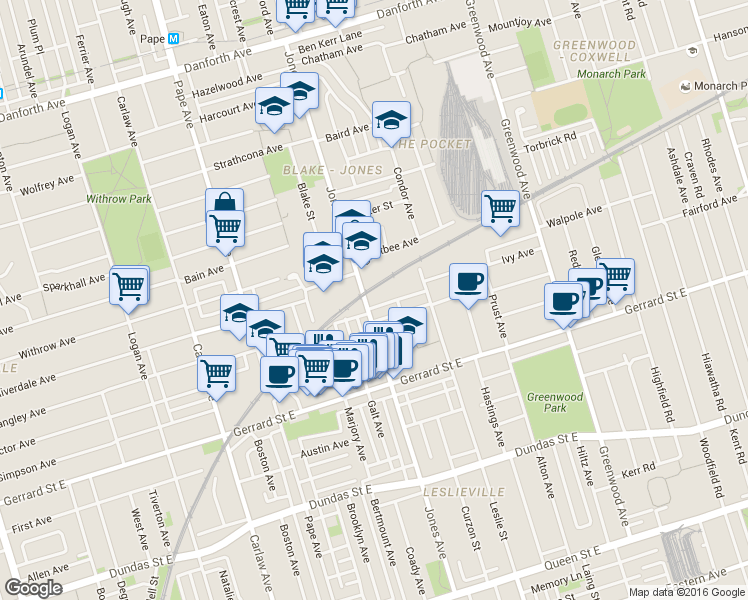map of restaurants, bars, coffee shops, grocery stores, and more near in Toronto