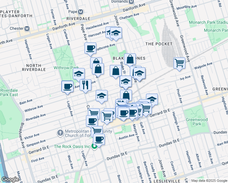 map of restaurants, bars, coffee shops, grocery stores, and more near in Toronto