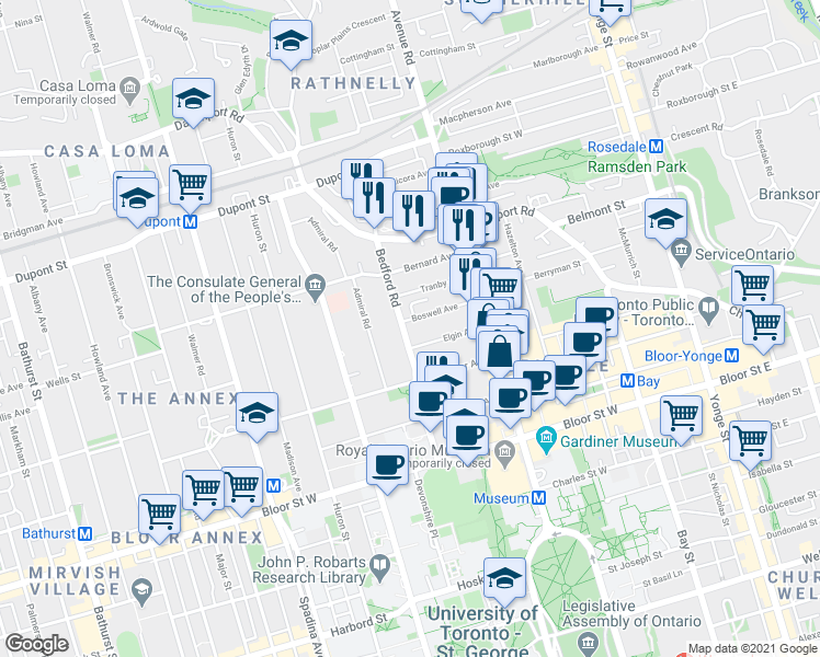 map of restaurants, bars, coffee shops, grocery stores, and more near in Toronto