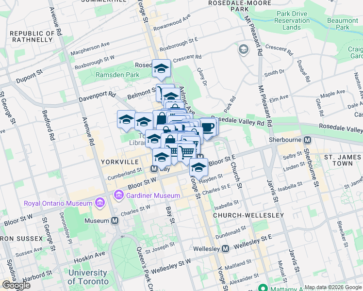map of restaurants, bars, coffee shops, grocery stores, and more near 1 Yorkville Avenue in Toronto