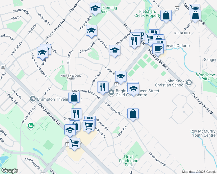 map of restaurants, bars, coffee shops, grocery stores, and more near 22 Chestnut Avenue in Brampton