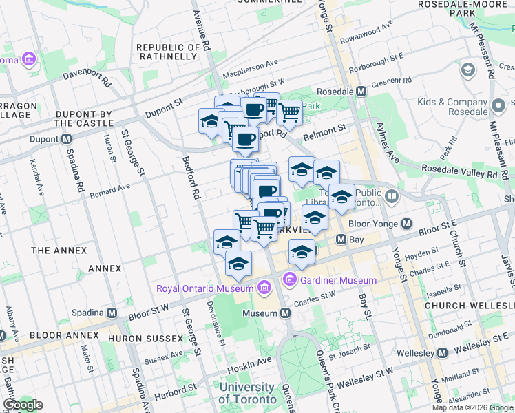 map of restaurants, bars, coffee shops, grocery stores, and more near 77 Avenue Road in Toronto