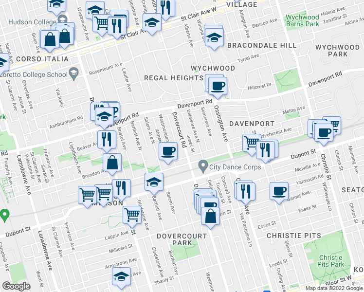 map of restaurants, bars, coffee shops, grocery stores, and more near 1132 Dovercourt Road in Toronto