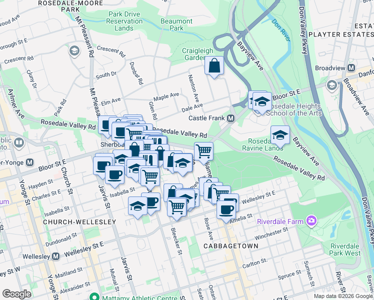map of restaurants, bars, coffee shops, grocery stores, and more near 585 Bloor Street East in Toronto