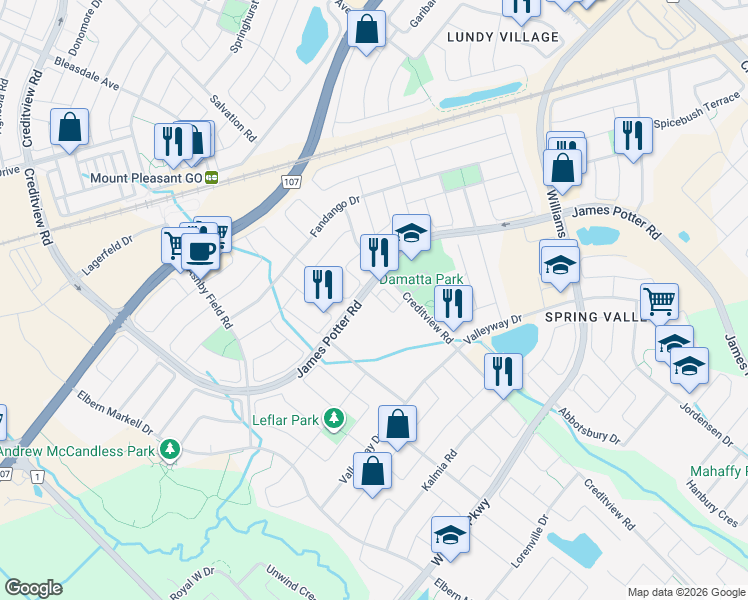 map of restaurants, bars, coffee shops, grocery stores, and more near 8 Pomarine Way in Brampton