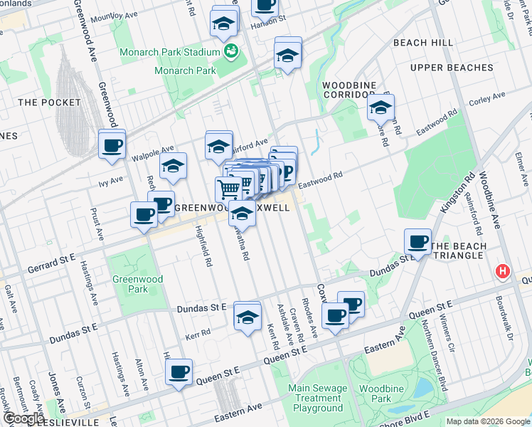 map of restaurants, bars, coffee shops, grocery stores, and more near in Toronto