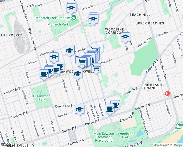 map of restaurants, bars, coffee shops, grocery stores, and more near in Toronto