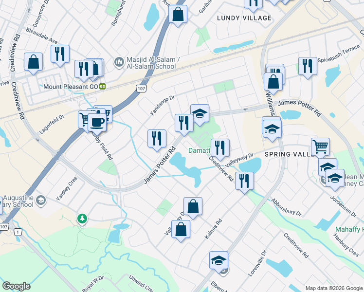 map of restaurants, bars, coffee shops, grocery stores, and more near 8 Pomarine Way in Brampton