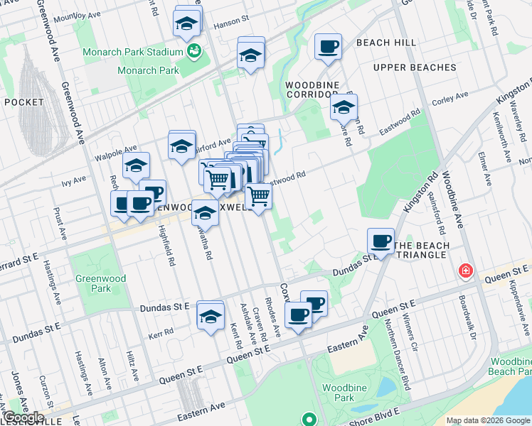 map of restaurants, bars, coffee shops, grocery stores, and more near 209 Coxwell Avenue in Toronto