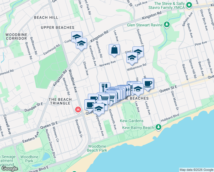 map of restaurants, bars, coffee shops, grocery stores, and more near 158 Waverley Road in Toronto