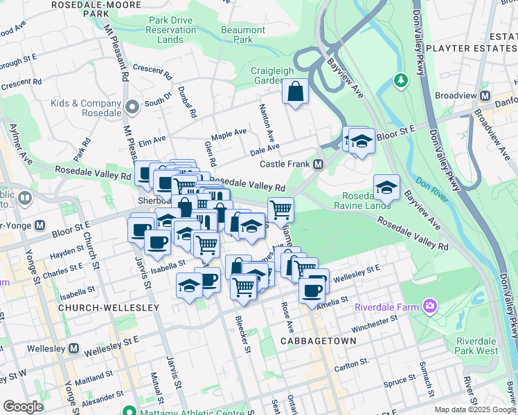map of restaurants, bars, coffee shops, grocery stores, and more near 575 Bloor Street East in Toronto