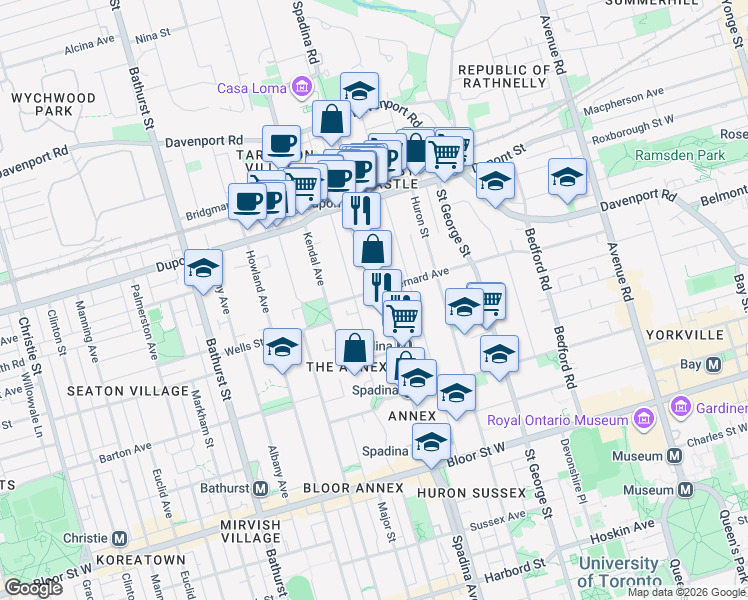 map of restaurants, bars, coffee shops, grocery stores, and more near 100 Spadina Road in Toronto