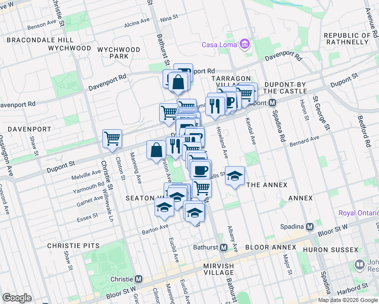 map of restaurants, bars, coffee shops, grocery stores, and more near 1052 Bathurst Street in Toronto