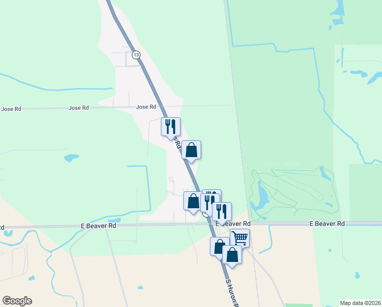 map of restaurants, bars, coffee shops, grocery stores, and more near 2377 South Huron Road in Kawkawlin