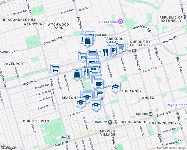 map of restaurants, bars, coffee shops, grocery stores, and more near 1052 Bathurst Street in Toronto