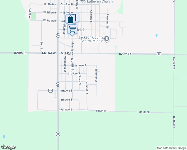 map of restaurants, bars, coffee shops, grocery stores, and more near 510 1st Avenue South in Lakefield