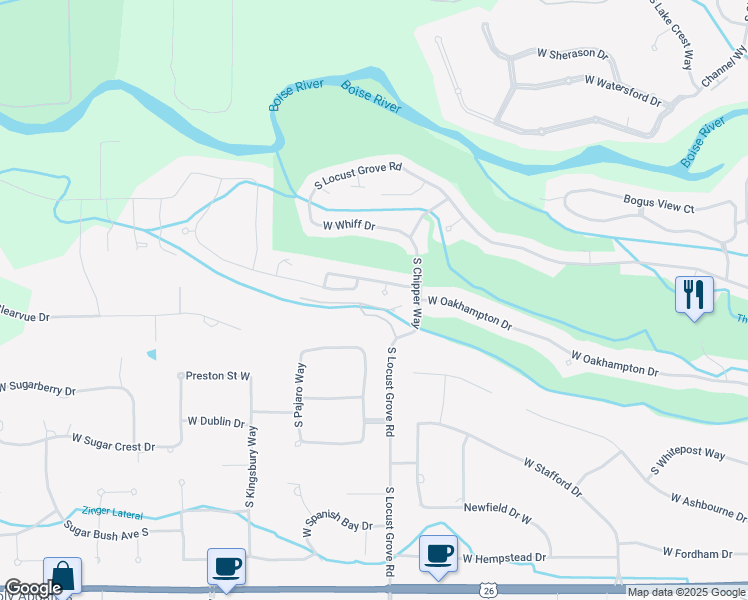 map of restaurants, bars, coffee shops, grocery stores, and more near 1592 W Hampton Bay Drive in Eagle