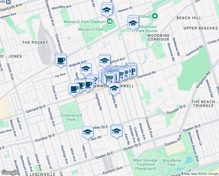 map of restaurants, bars, coffee shops, grocery stores, and more near in Toronto